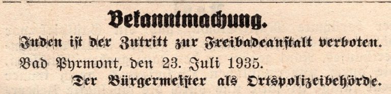 Juden wird der Zutritt
zum Freibad verboten
| Pyrmonter Anzeiger und Tageblatt,
24. Juli 1934