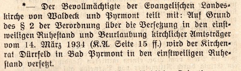 Dürrfelds Versetzung in den Ruhestand, Pyrmonter Zeitung, 8.5.1934 Dürrfelds Versetzung in den Ruhestand, Pyrmonter Zeitung, 8.5.1934
