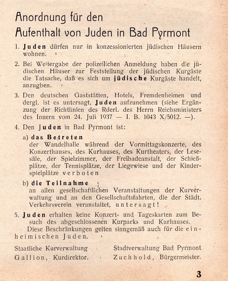 Anordnung für den Aufenthalt von Juden in Bad Pyrmont | Kur- und Fremdenliste, Juni 1938