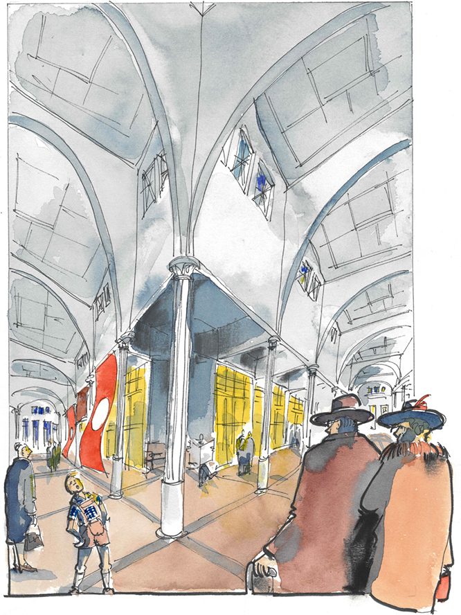 Das Heimatmuseum in der Wandelhalle | Zeichnung: Malte Wulf Das Heimatmuseum in der Wandelhalle | Zeichnung: Malte Wulf