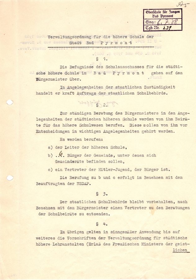 Verwaltungsordnung für die höhere Schule der Stadt Bad Pyrmont | Museum im Schlos Verwaltungsordnung für die höhere Schule der Stadt Bad Pyrmont
| Museum im Schlos